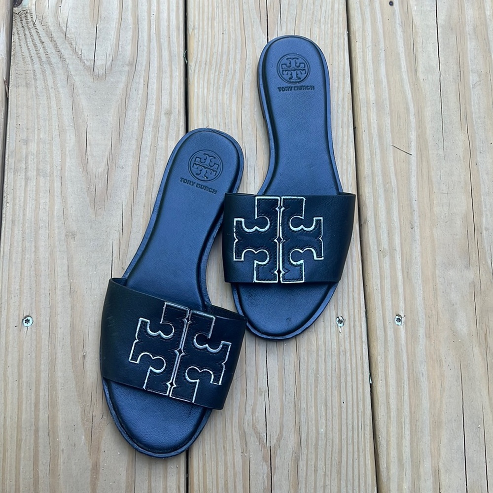 Tory Burch Black + Silver Slides